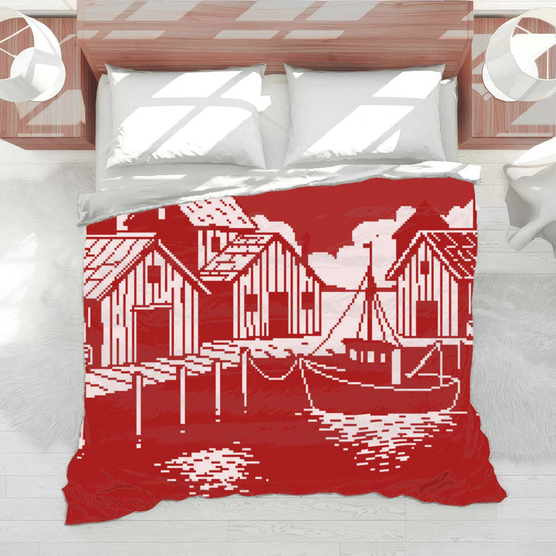 Pixel Art Harbor Scene Comforter, Queen, Dark Red White