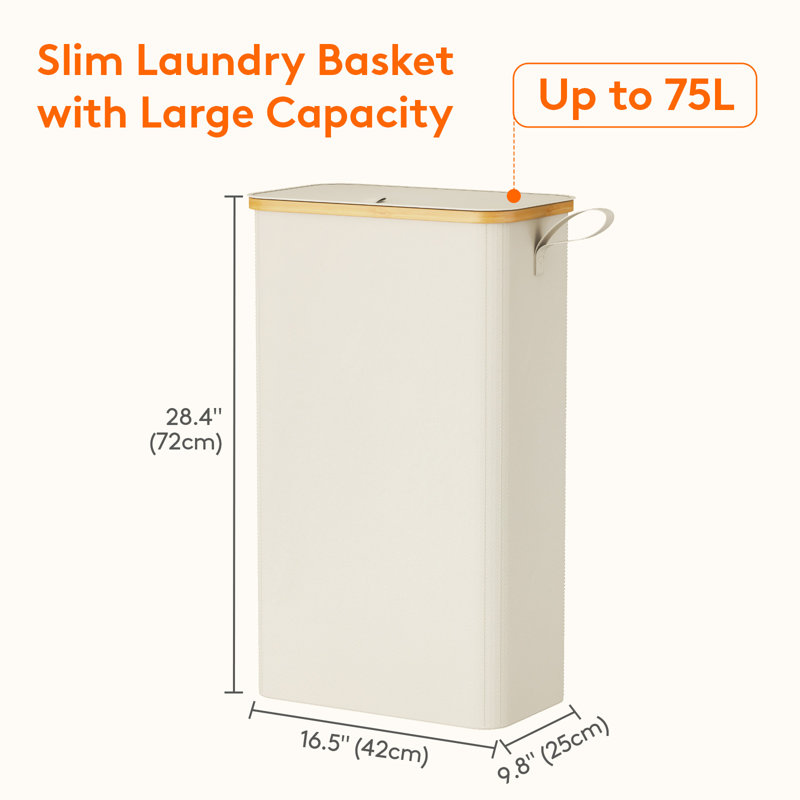 75l Slim Laundry Hamper With Lid, Narrow Laundry Basket With Removable Bag & Bamboo Handles, Fodable Thin Dirty Clothes Hamper For Laundry Collapsible Bin For Bathroom Bedroom Dorm,