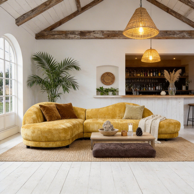 Canapé modulaire incurvé moderne jaune, canapé modulaire rembourré en polyester avec assise profonde, canapé de salon surdimensionné pour le salon, canapé de style boho de style biologique