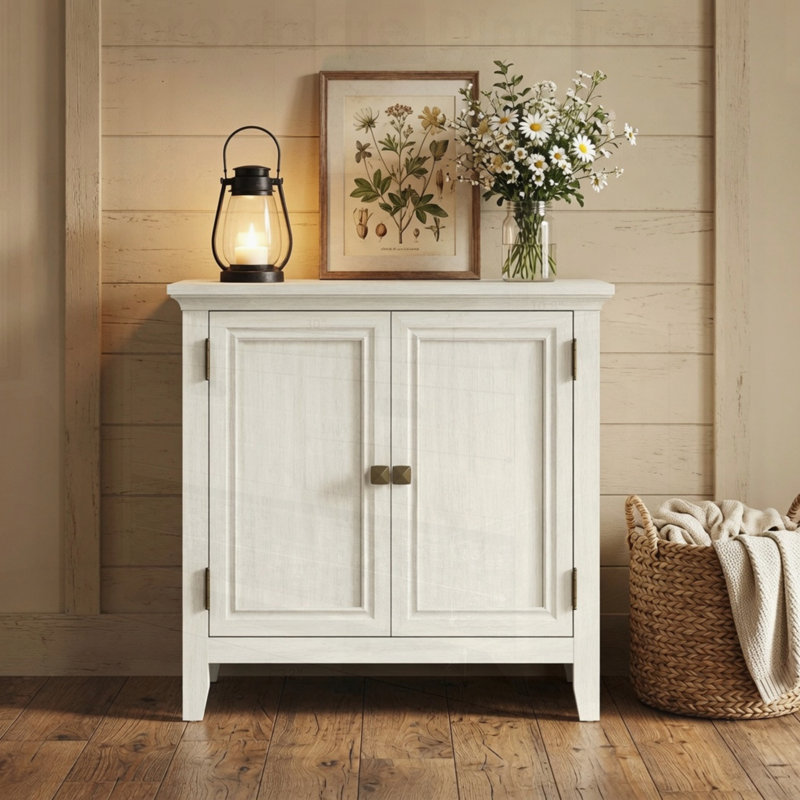 Large armoire-buffet 2 portes bohémienne blanc-grisâtre avec tablette réglable, parfaite pour un décor moderne et rustique