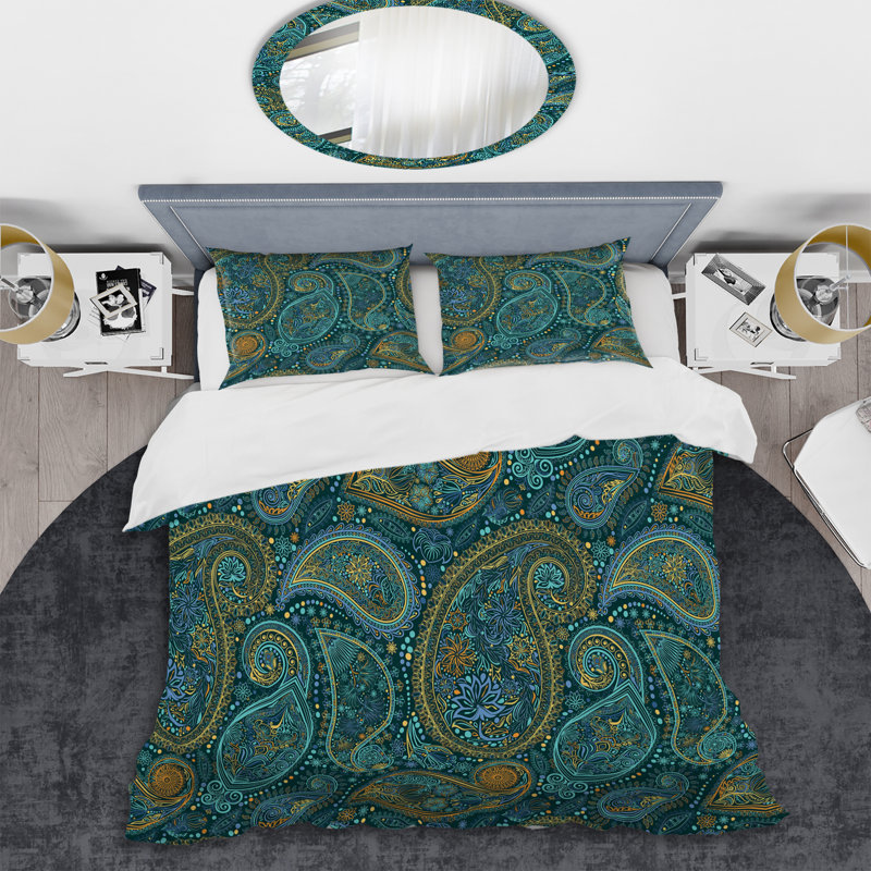 Ensemble de housse de couette - Microfibre à motif cachemire floral vert, Housse de couette pour très grand lit et 2 très