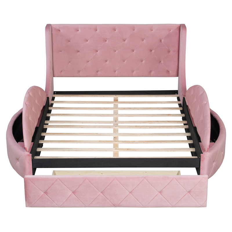 Queen Upholstered Velvet Platform Bed w/ Wingback Headboard, Storage Drawer & 2 Side Stools, Pink Bedroom Furniture, Pink