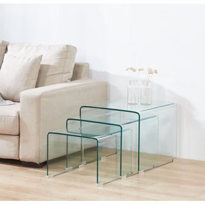 3-Piece Glass Nesting Coffee Table Set, Modern Clear Tempered Glass Stackable Tables with Beveled Edges
