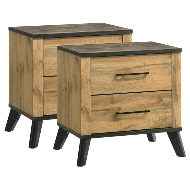 Table de chevet en bois de pin avec 2 tiroirs et pieds noirs, ensemble de 2, table de chevet moderne de style Mid-Century pour tables de chevet, brun vieilli / pin naturel