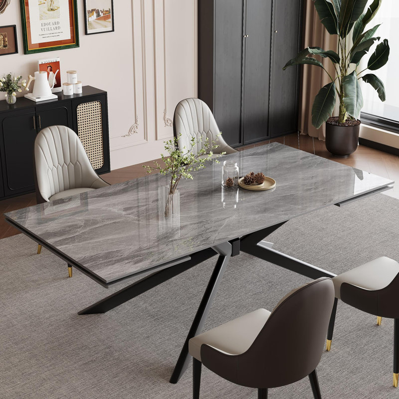 Vetler 9 - Piece 110.23'' Extendable Rectangular Sintered Stone Dining Table with 8 Leather Chairs Dining Set, Gray