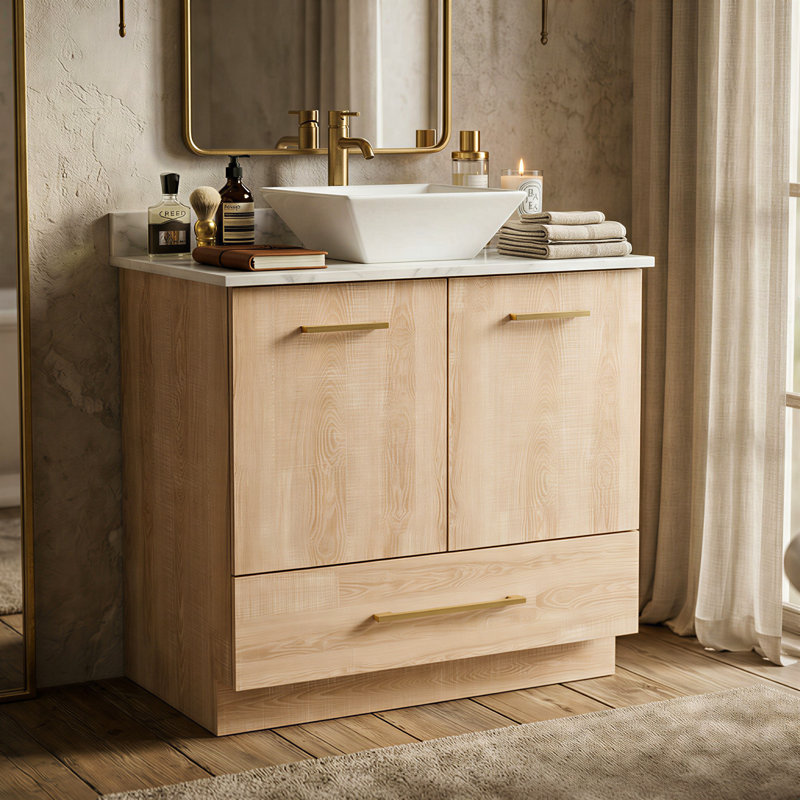 Meuble-lavabo autoportant de 29,9 po de large avec lavabo en céramique, tiroir et portes