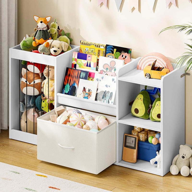 Bibliothèque et support à jouets avec tiroir - Bibliothèque à 3 tablettes avec rangement pour animaux en peluche pour chambre à coucher et salle de jeux, blanc