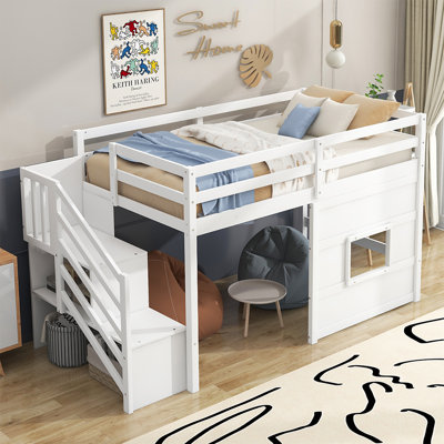 Hanzelin Twin Size Loft Bed with Storage Staircase and Window