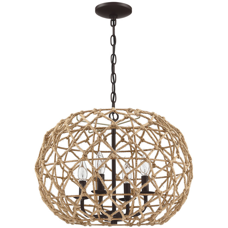Luminaire suspendu sphérique tissé en corde de jute naturel 4 lumières Penland