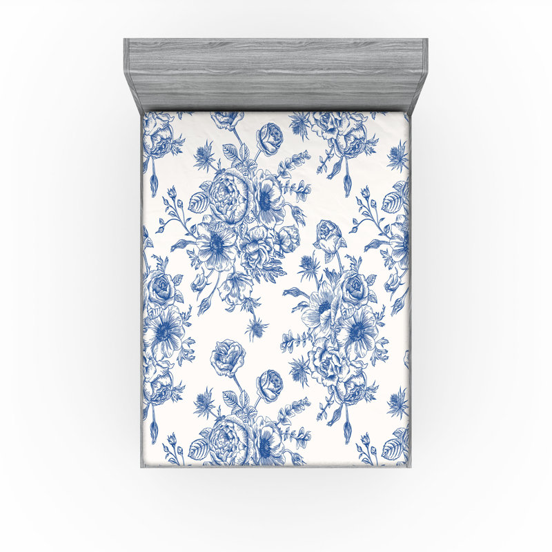 Drap-housse orange Ambesonne, Drap-housse de taille double, Bleu nuit / floral blanc