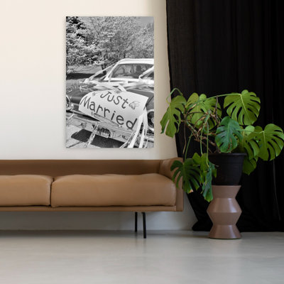1960S Car Just Married Sign On Trunk And Streamers Classic Retro Vintage Spring Wall Art
