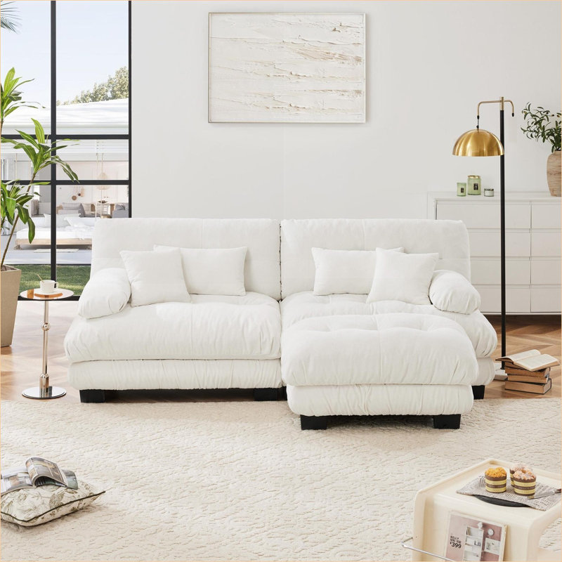 Canapés modulaires | Canapé-lit 2 places moderne pour le salon, repose-pieds convertible avec coussins, blanc neige | Chenille | Blanc neige