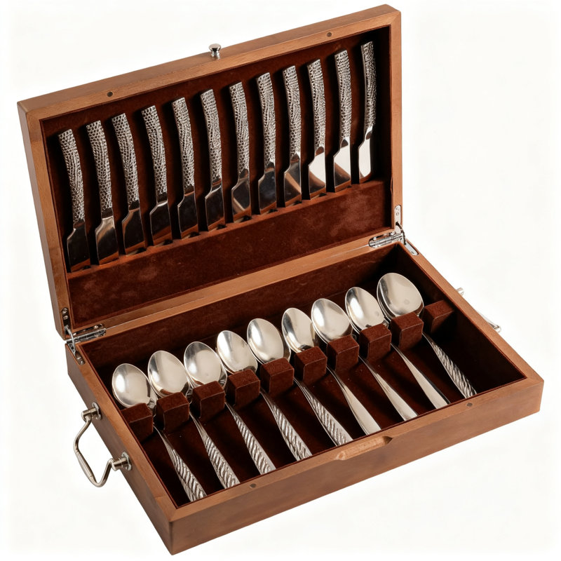 Boîte de rangement pour argenterie avec couvercle et poignée, pouvant contenir 12 ensembles (brun)