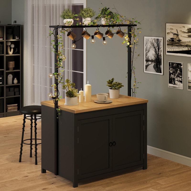 41-Inch Kitchen Island with Storage - Work Table with 1.2-Inch Top, 3-Tier Shelves, 5 Hooks and Stool Storage for Kitchen Use