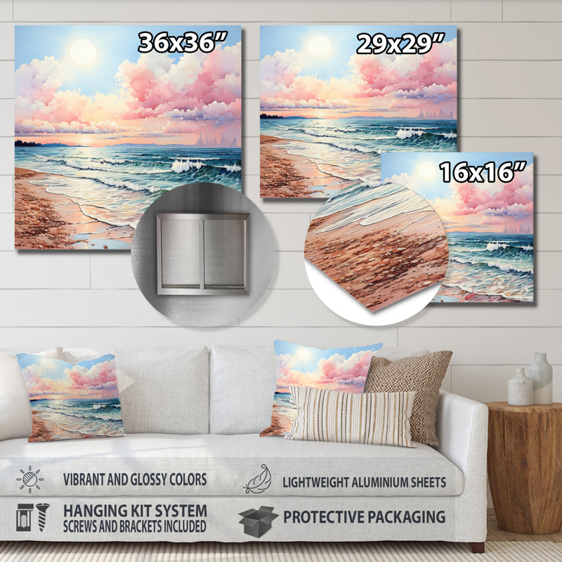 «Pink Beach Breezes» - reproduction d'art nautique et de plage sur métal, H 36 po x l 36 po x P 1 po
