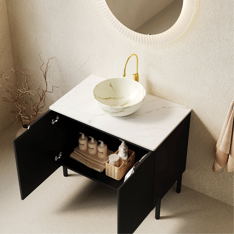 Meuble-lavabo autoportant avec 2 portes et lavabo en céramique, 35.06 "H x30.02"W x 18.92"D, Black,Carrara White,Stone White