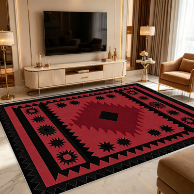 Tapis rouge et noir Star pour le salon, doux et confortable, convient à toutes les saisons, facile à entretenir, tapis de sol intérieur lavable à la machine, sous la table de ferme convenant à la chambre à coucher, à la salle à manger, au bureau, au balcon, au patio