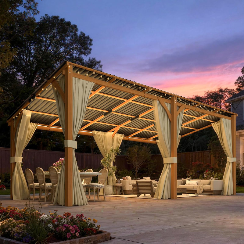 Pergolas et abris de jardin à toit rigide en bois avec rideaux et moustiquaire, 96.5" H x 234" W x 115" D