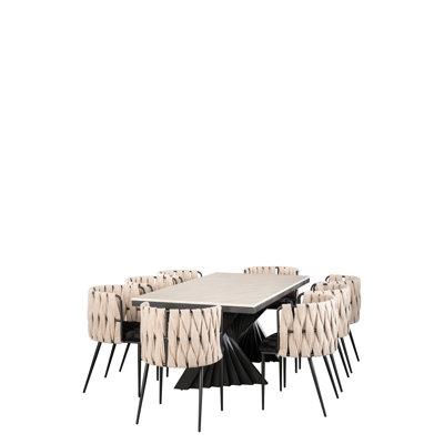 Ensemble de table de salle à manger rectangulaire moderne en marbre avec base sculpturale et 8 chaises tissées Waterfall