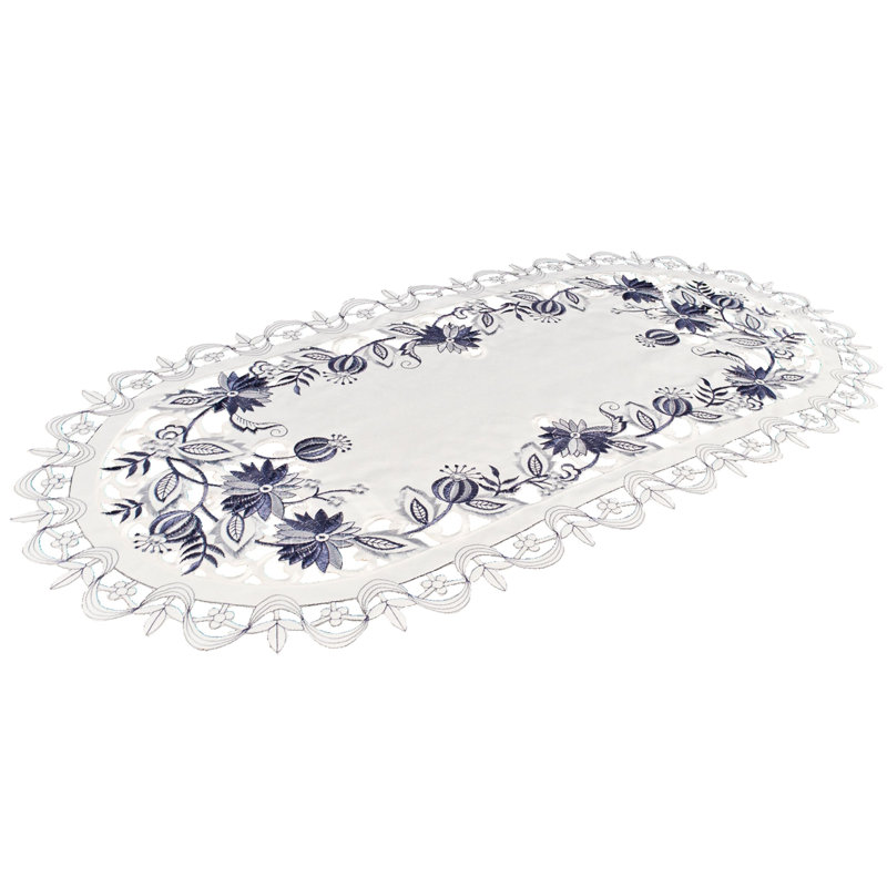 Ivory and Blue Embroidered Polyester Table Runner, 27" x 14"