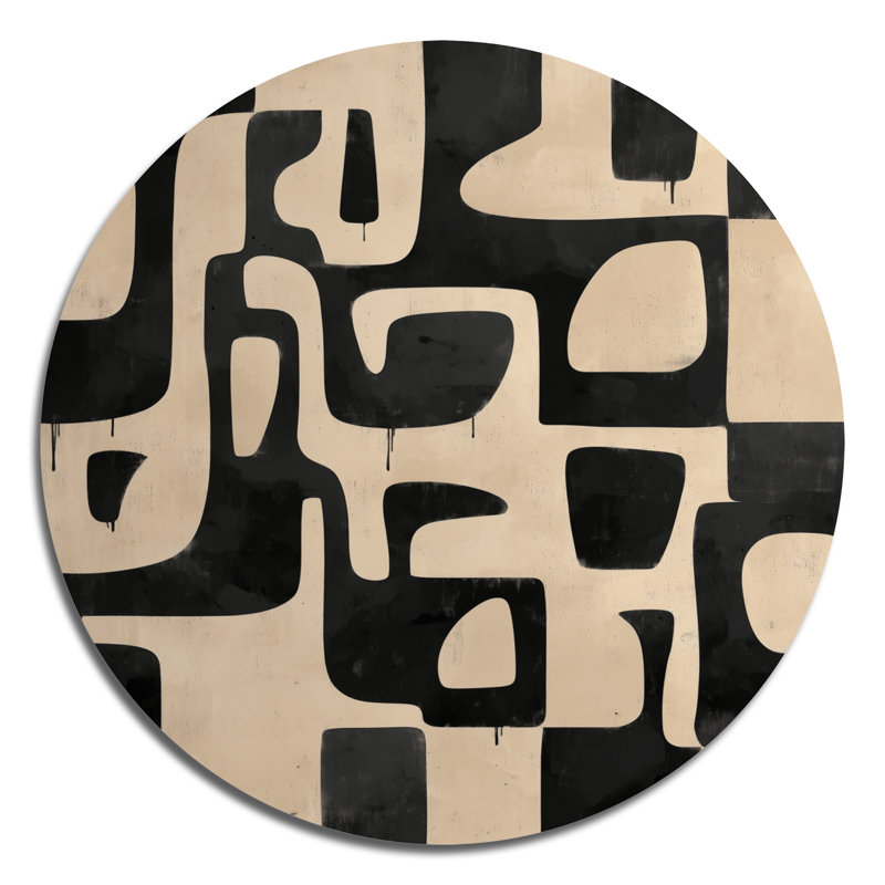 Beige et noir Boho mosaïque tons de terre - décoration murale abstraite géométrique ronde en métal, L 36 po x H 36 po
