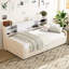 Lit de rangement simple tapissier beige - Intérieur spacieux, plateforme de taille construction avec tissu en velours doux, tête de lit confortable, tiroirs pour literie et vêtements supplémentaires
