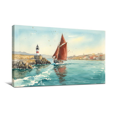 Nautique et plage, voilier, phare, port, aquarelle, paysage marin, côte, reflets, ciel