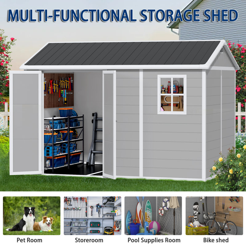 8x10 FT Outdoor Resin Storage Shed with Floor, Weather-Resistant Resin Shed with Double Windows, Lockable Door and Vents, Plastic Outside Tool Storage Sheds for Garden, Backyard, Lawn