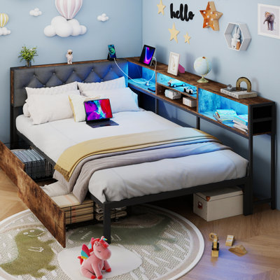 Twin XL Corner Bed Frame with Upholstered headboard, 2 Storage Drawers, Metal Platform Bed Frame with LED Light and Charging Station, Twin XL Daybed for Living Room, Bedroom