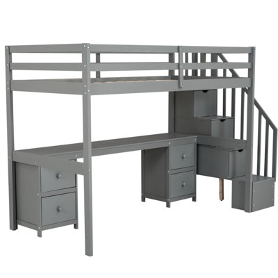 Lit mezzanine simple gris avec bureau et double contenant de rangement