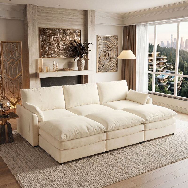 Drago 4-Piece Modern Upholstered Living Room Set With Ottomans, Beige