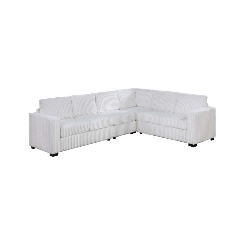 Ensemble de canapé modulaire en L 4 pièces avec coin en coin, fauteuil sans accoudoirs et deux causeuses en velours côtelé Milk White