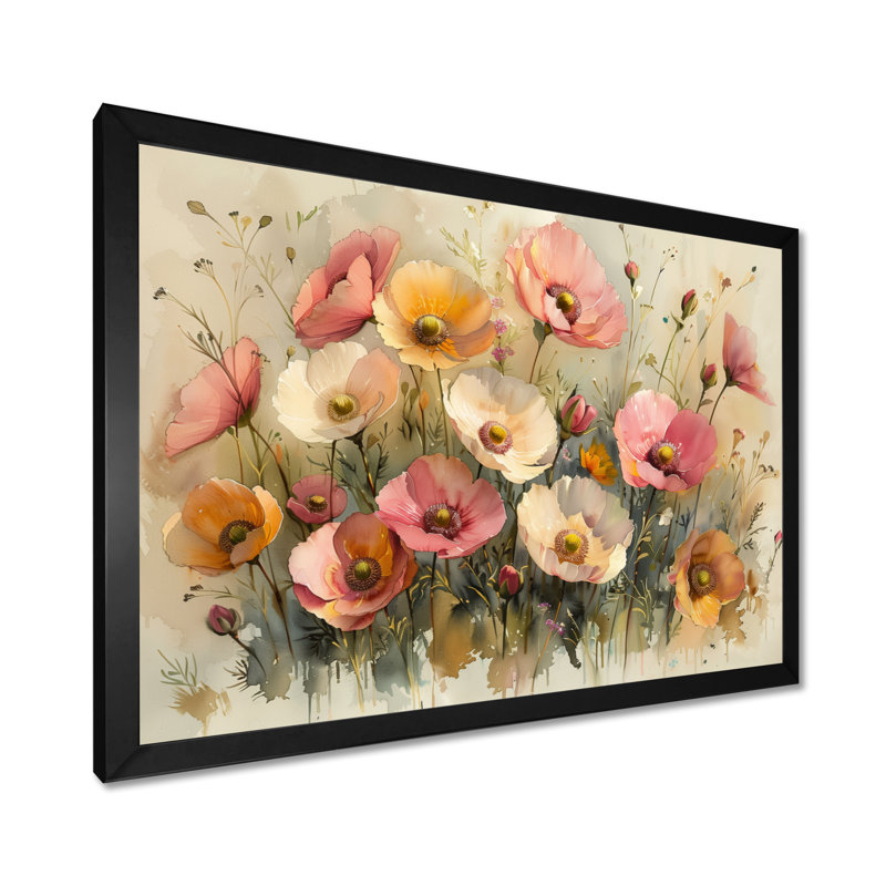 Décoration murale rose bouton d'or rose et blanc - Bouton d'or, Toile encadrée noire simple, H 12 po x l 20 po x P 1 po