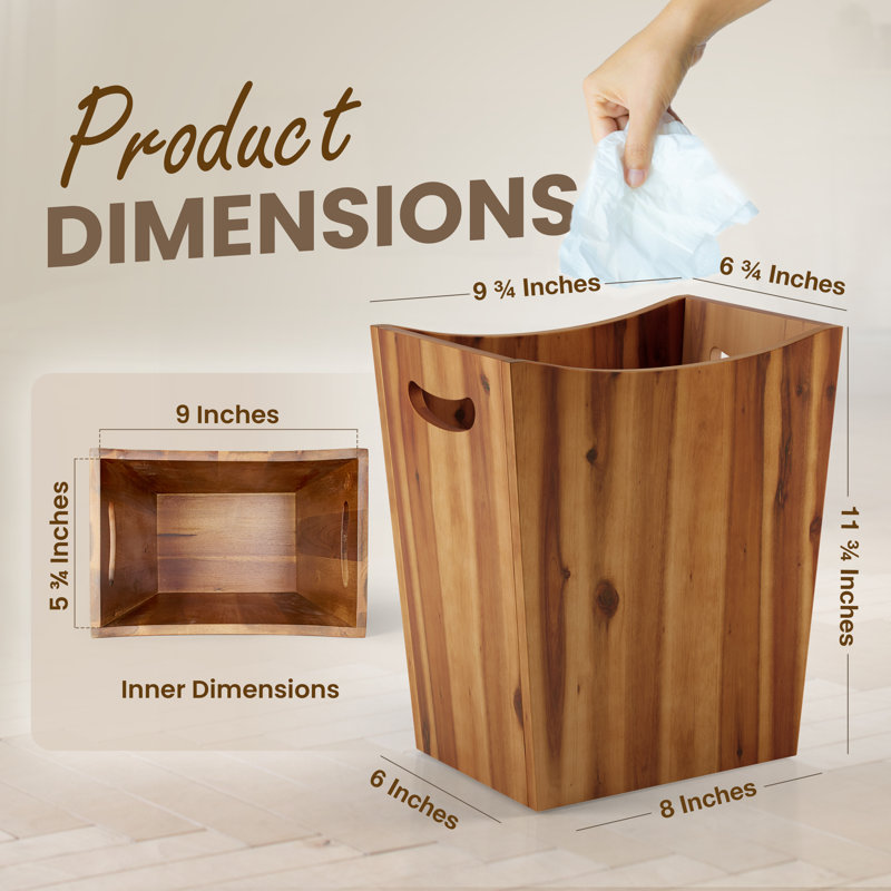 Solid Acacia Wood Decorative Waste Basket With Handles (2 Gallon) - Versatile Trash Can  for Home, Office, Bedroom & Bath