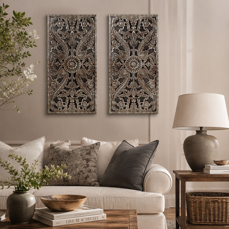 Distressed Carved Wood 2-Piece Wall Decor Set, Bronze