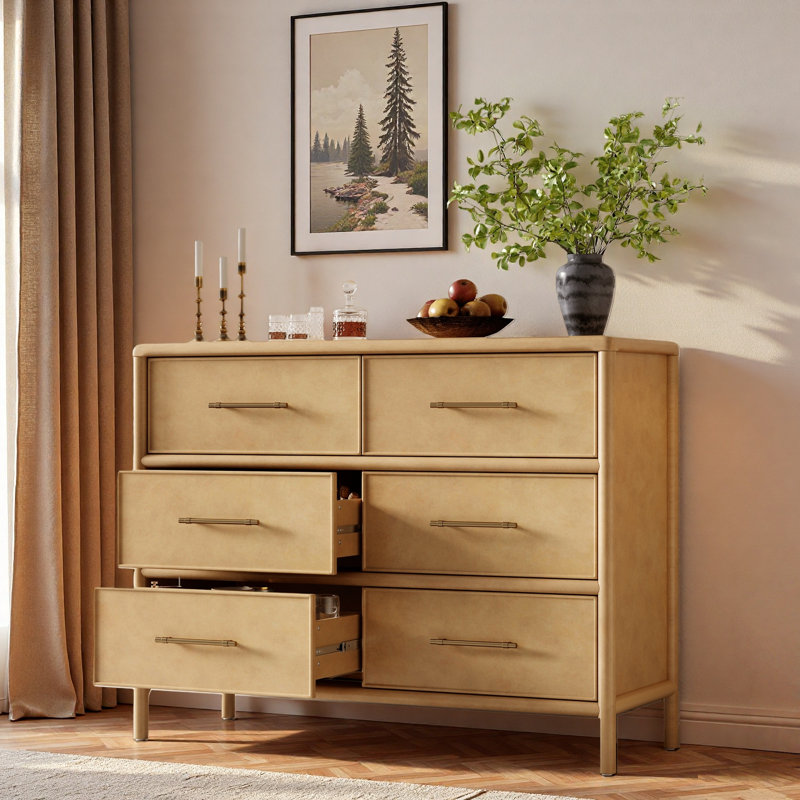 Commode avec 6 tiroirs et poignées dorées, Naturel