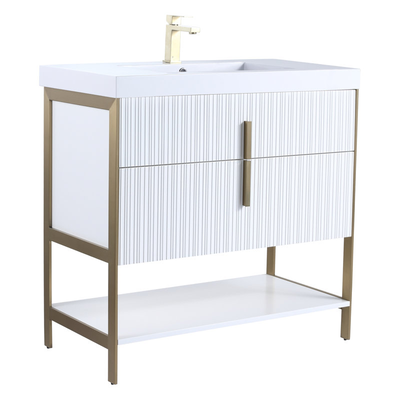 Meuble-lavabo moderne avec plateau en acrylique blanc Fine Fixtures Serenity, Blanc mat / laiton, 36", Blanc