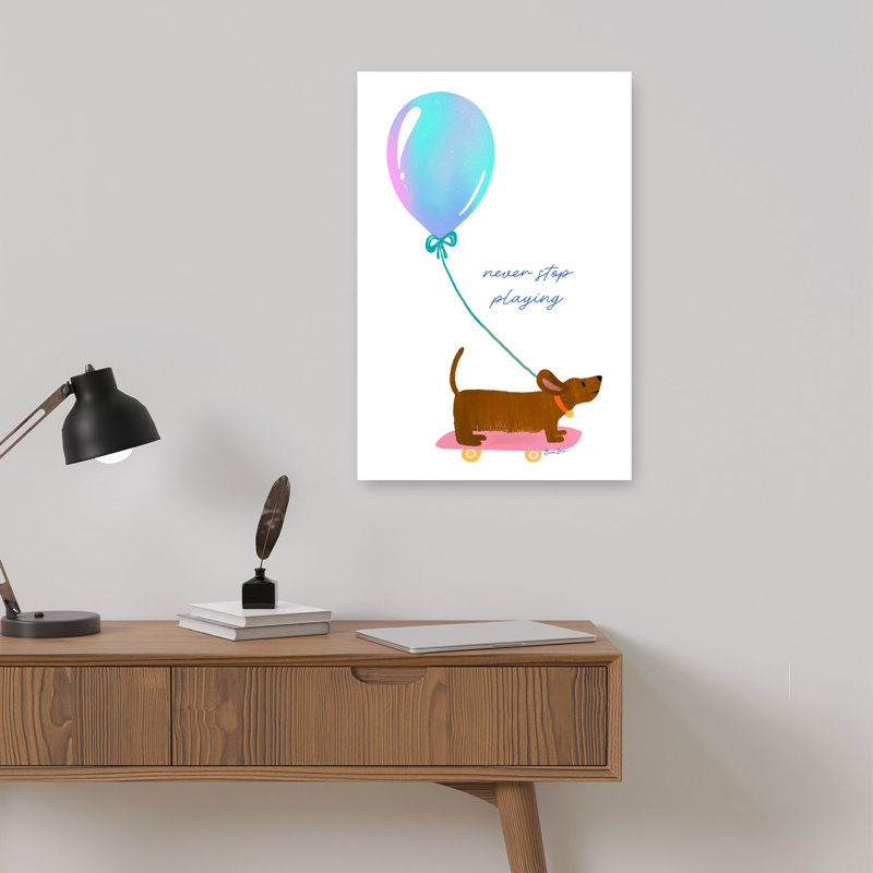 Affiche murale contemporaine représentant un chien en planche à roulettes, au style fantaisiste et ludique.