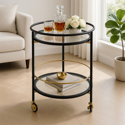 Modern Round Bar Cart With Tempered Glass Shelves And Gold Accents