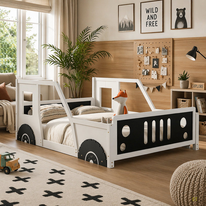Lit plateforme double classique en forme de voiture avec roues, Double, Blanc