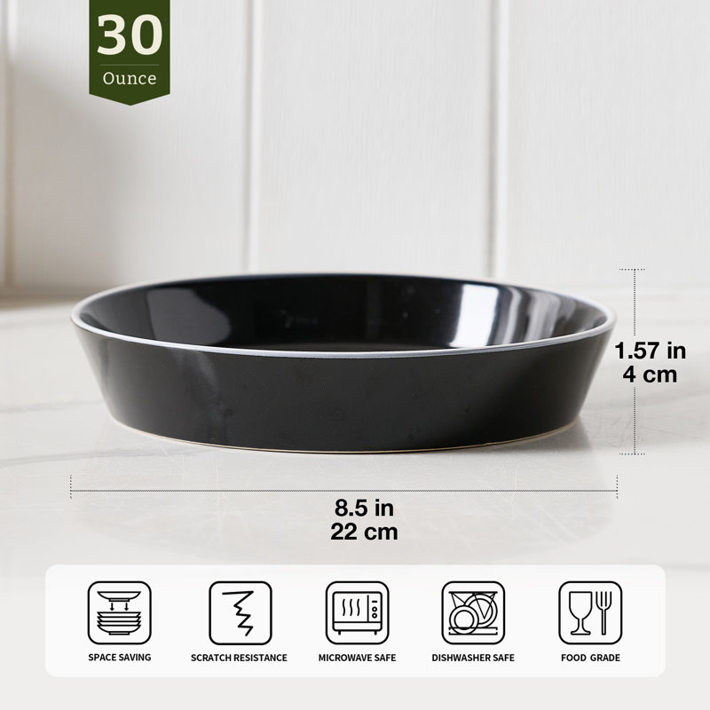  4-Piece Stoneware Pasta Bowl Set, Black with White Edge