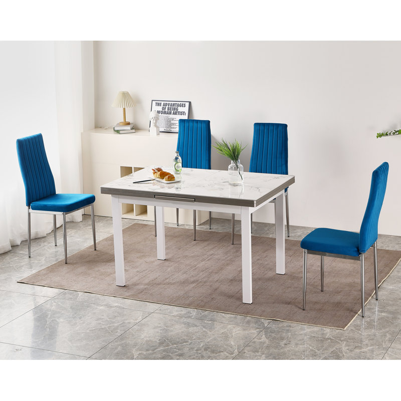Jade White Sintered Stone Extending Dining Table with 4 Monza Velvet Chairs, Blue