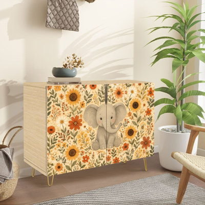 Narrow 35.4" Wide Sideboard Buffet Cabinet - 2-Door Accent Storage Cabinet With Cute Baby Elephant Print And Metal Legs
