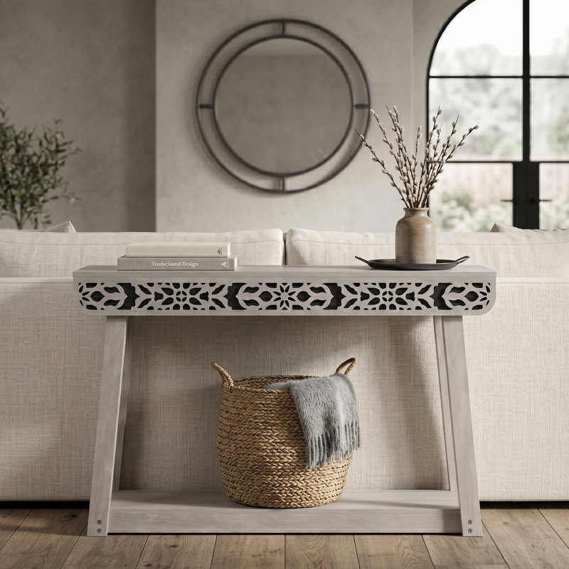 Chul 43.3" Traditional Console Table With Curved Edge Top, Dusty Gray Oak