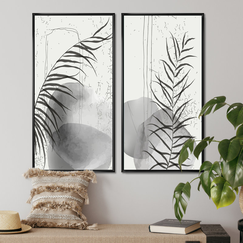 «Minimalistic Foliage with Organic Shapes VII», ensemble de 2 peintures, H 32 po x l 32 po x P 1 po, Cadre noir