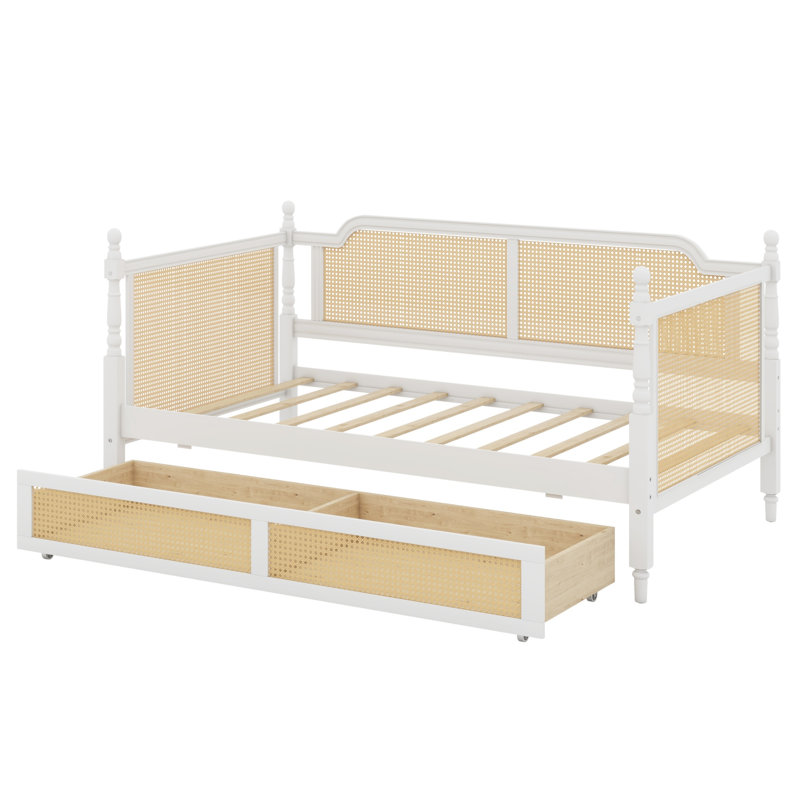 Elegant Traditional Rattan Daybed with 2 Drawers, Antique White