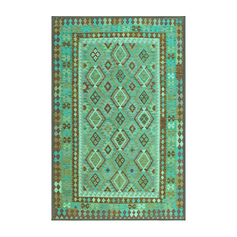 Tapis vert en laine et polyester tissé à la machine 7 pi x 9 pi Southwestern