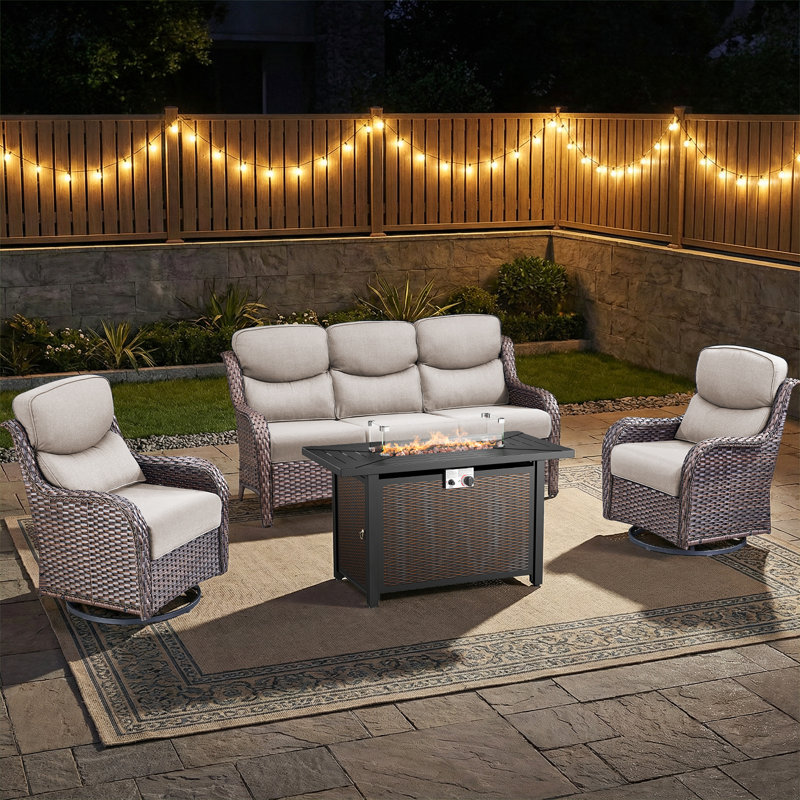 Ensemble de conversation de patio en rotin 4 pièces Anner, Beige, Brun