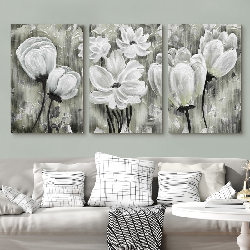 Ensemble de 3 peintures abstraites et florales sur un fond abstrait, H 24 po x l 48 po x P 1,5 po