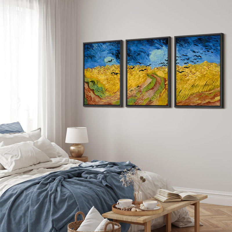 «Golden Harvest Rich Wheat Fields Under Swirling Skies Nature Wilderness Illustration Decor», 3 pièces, Cadre noir
